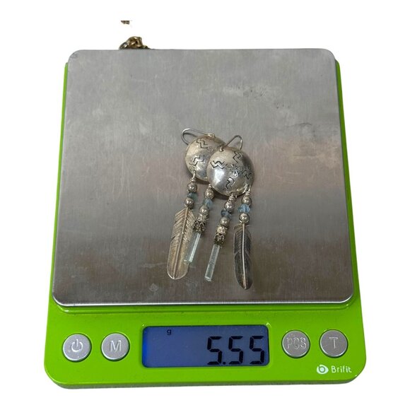 Vintage Southwest Silver Feather Dangle Earrings Engraved Design Quartz Crystal - Picture 5 of 8